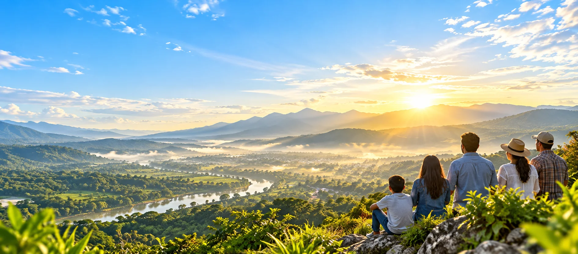 Paisaje de Honduras al amanecer con personas observando el horizonte